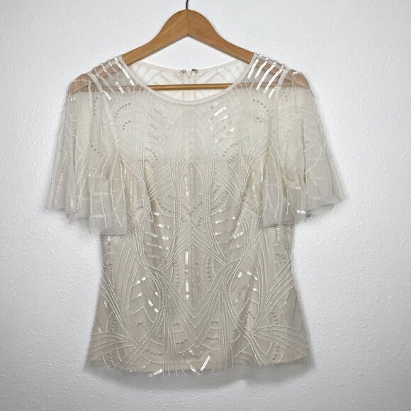 Adrianna Papell Ivory Pearl Beaded Flutter Sleeve Top Sz. 4 - Picture 6 of 13